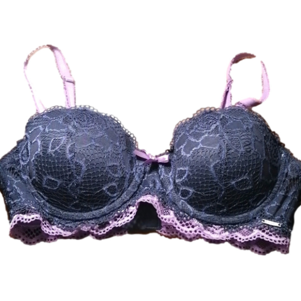 𝅺La Vie En Rose Lace Periwinkle Push up bra with pink lace trim